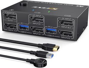 KVM Switch Dual Monitor DisplayPort 1.4 8K@30Hz 4K@144Hz 2 in 2 Out,DP1.4 KVM Switch and 4 USB3.0 for 2 Computers,Backnward Compatible DP1.2 with DP+UBS Cables and Wired Controller