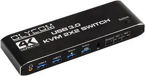 HDMI KVM Switch 2 in 2 Out and 4Port USB3.0 4K@60Hz KVM Switcher Support 2 Monitors 2 Computers Dual Display Ports with Remote Control HotKey and Audio