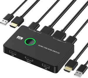 KVM Switch, USB and HDMI KVM Switches for 2 Computers Sharing Mouse Keyboard Printer to One HD Monitor, Supports 4K@60 Hz, 2 HDMI Cables and 2 USB Cables Included