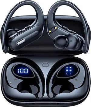 Wireless Earbuds Bluetooth 5.3 Headphones 90 Hrs Playtime Ear Buds with Wireless Charging Case Power Display Over-Ear Earphones with Earhooks Waterproof Stereo Headset for Android Phone Workout Black