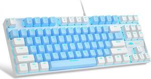 75% Mechanical Gaming Keyboard with Blue Switch LED Blue Backlit Keyboard 87 Keys Compact TKL Wired Computer Keyboard for Windows Laptop PC Gamer - Blue/White