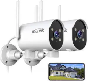 2K Security Camera Outdoor WiFi Security Cameras Pan Rotating 225° Full Color Night Vision, Two-Way Audio, 2.4GHz WiFi, IP65 Waterproof, Motion Detection Alarm (2 Pack)
