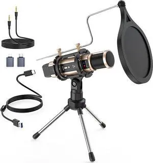 ZealSound Studio Recording Microphone, Condenser Broadcast Microphone w/Stand Built-in Sound Card Echo Recording  Singing for Phone Computer PC Garageband Smule Live Stream & YouTube (Gold)
