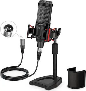 Condenser Microphone XLR, Cardioid Pickup Pattern, 48V Phantom Power Required, Shock Mount & Pop Filter Included, Sturdy Base & Height Adjustable Stand