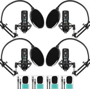 4-Pack Universal XLR Condenser Microphone Podcast Equipment Bundle for 4 - Includes Cardioid Mics, Desk Mount Stands, Shock Mounts, Pop Filters, and Audio Cables - Podcasting, YouTube