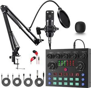 Podcast Equipment Bundle, BM-800 Mic Kit with Live Sound Card, Podcast Microphone Bundle with Studio Microphone, Recording Studio Equipment for Live Streaming, Broadcasting with Phone/PC/Laptop