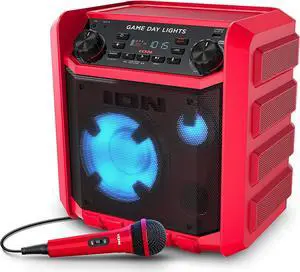 ION Game Day Lights Portable Bluetooth Party Speaker with Karaoke Microphone Lights and Radio for Birthday, Pool Party, BBQ  Powerful, 50W (Red)