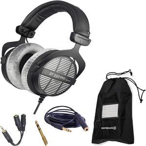 beyerdynamic DT 990 Pro 250 Ohm Open-Back Studio Mixing Headphones Bundle -Includes- Soft Case, Headphone Splitter, and More
