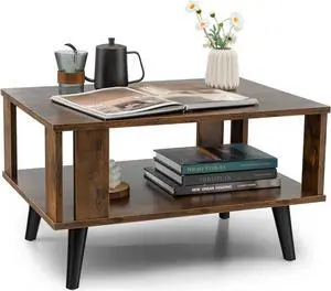 Giantex Small Wood Coffee Table, 2-Tier Tea Table w/Open Storage Shelf & Supportive Legs, Compact Rectangle Sofa Side Table, Easy Assembly, Mid-Century Center Table for Living Room, Reception Room