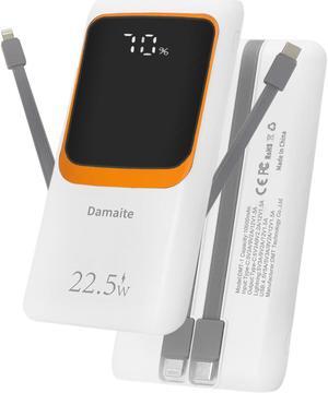 Damaite Portable Charger 10000mAh Power Bank with Built-in Cables and AC Wall Plug, PD 22.5W Fast Charging Battery Pack, Compatible with iPhone, iPad, Samsung Phones and Tablets