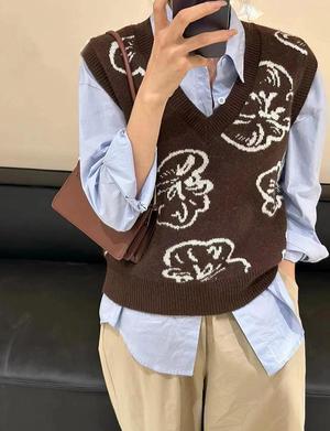Knit Vintage Style Clashing Color Sleeveless Top Sweater Vest (No Shirt) average Brown