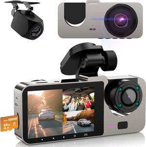 3 Channel Dash Cam Front and Rear Inside, 64GB Free SD Card, 1080P Dash Camera for Car with 4 IR Lamps, Three Way Car Cam Night Vision, 2.5 Inch LCD, Parking Monitor, G-Sensor, USB C, Loop Record