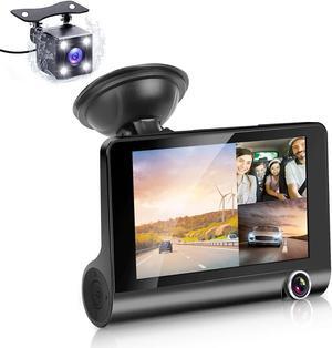 3 Channel Dash Cam Front and Rear Inside, 1296P FHD Three Channels Dash Camera for Car with 4-inch HD Display, Night Vision, Loop Recording, G-Sensor, HDR Motion Detection, Max Support 32GB Card