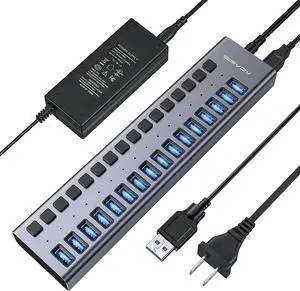 Powered USB Hub,16 Ports USB 3.0 Data Hub, Individual On/Off Switches, 12V7.5A 90W Power Adapter, USB Hub 3.0 Splitter Extension for MacBook, Mac Pro/Mini, iMac, Surface Pro Laptop/PC