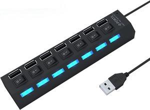 USB Splitter Multi Port USB 2.0 Hub, 7 Port with Independent On/Off Switch and LED Indicators USB A Port Data Hub, Suitable for PC Computer Keyboard Laptop Mobile HDD, Flash Drive Camera Etc