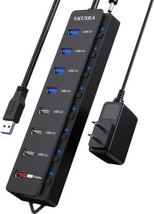 Powered USB Hub, VKUSRA 8-Port USB Hubs Splitter (4 USB 3.0 Ports + 3 USB 2.0 Ports + 1 Smart Charging Port) with Individual On/Off Switches, Compact USB Hub with Power Adapter for Laptop, PC, Mac
