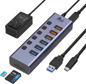 Powered USB Hub with Card Reader, 8-Port USB Data Hub 3*USB 3.1(10Gbps), 3*USB 3.0 Ports,Individual Switches and Type A/C Cables, Aluminum USB Extender Hub for PC,Laptop,Mobile HDD,Flash Drive