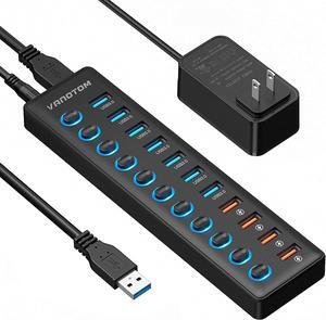 Powered USB Hub 3.0,  11-Port USB Hub Splitter (7 USB 3.0 Data Ports + 4 Smart Charging Port) with 12V/3A Power Adapter and LED Individual On/Off Switches for Laptop and PC