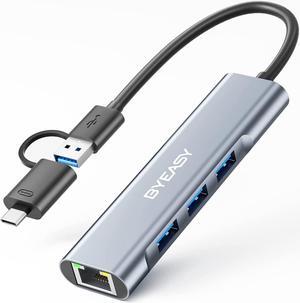 BYEASY Ethernet Adapter with USB-A and USB-C Ports,4-in-1 USB 3.0 Hub with RJ45 10/100/1000 Gigabit Internet Converter LAN Wired, Aluminum Portable Network Adapter for Windows, MacOS, Linux, ChromeOS