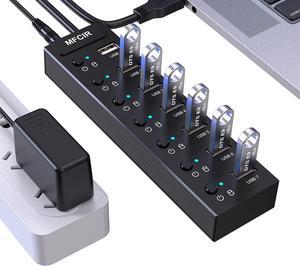 Mfcir Powered USB Hub 7-Port USB Data 2.0 Hub Multi Port USB Splitter with Individual On/Off Switches and 5V/2A Power Adapter Charging USB Extension Multiple for MacBook,Laptop,PC,Computer