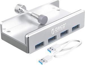 ORICO USB Hub Clip Type 4 Port USB 3.0 Hub 5Gbps Super Speed Mini Aluminum Data Hub with 4.92ft CableA to A,White for MonitorsDesks (Without Power Adapter Connector-Silver