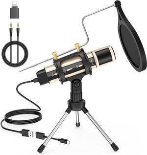 Microphone,USB&3.5mm Mic W/Type-C Adapter for i-Phone Computer Phone,Condenser Microphone with Echo Volume,Tripod Stand,Pop Filter,for ASMR Video Recording Streaming Discord Twitch