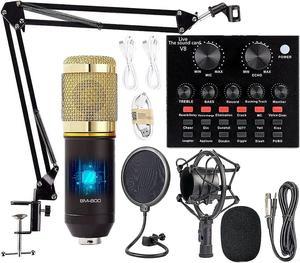 Condenser Microphone Bundle, BM-800 Mic Kit with Live Sound Card, Adjustable Mic Suspension Scissor Arm, Metal Shock Mount and Double-Layer Pop Filter for Studio Recording & Broadcasting (CF100-Gold)