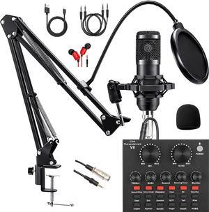 Podcast Equipment Bundle, BM800 Podcast Microphone, V8 Sound Card with Voice Changer - Studio Condenser Microphone, Perfect for Recording, Streaming, Gaming, Compatible with PC, Playstation