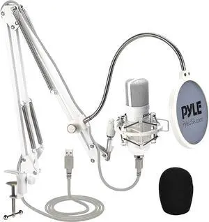 Pyle USB Studio Mic Desk Microphone Streaming Kit Professional Audio Cardioid Condenser Boom Arm Stand, Pop Filter, for Podcast Gaming Setup, Studio, YouTube, Works w/Windows Mac PC