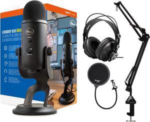 Blue Microphones Yeti Blackout USB Microphone Bundle with Desktop Boom Arm Microphone Stand, Closed-Back Studio Monitor Headphones and Pop Filter (4 Items)