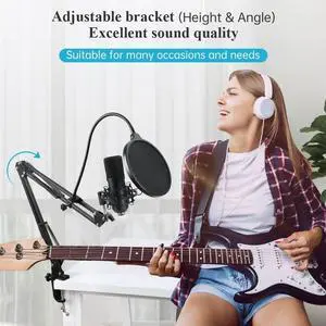 USB Microphone, 192KHZ/24Bit Plug & Play PC Computer Podcast Condenser Cardioid Mic Kit, with Professional Sound Chipset, Adjustable Arm, Pop Filter for Recording, Gaming, Singing, YouTube