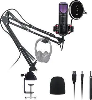 USB Microphone, Podcast Gaming Microphone for PC PS4/5 Streaming, Computer Condenser Cardioid Mic for Recording, Singing, YouTube, Tiktok, Studio Mic Kit with Boom Arm, Mute, Volume, Reverb