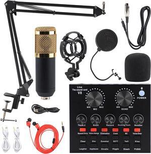ANALIM Condenser Microphone Bundle, Live Sound Card, Adjustable Boom Arm, Shock Mount, Metal Mic Pop Filter, Sponge Pop Filter Cover, Earphone, Connection Method Mic Kit, Set of 11