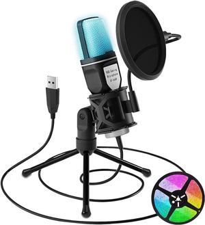 RGB USB Condenser Microphone Cardioid Gaming Mic SF-666R with Anti-Vibration Shock Mount Pop Filter for Podcast Recording Studio Streaming Laptop Desktop PC PS4 PS5
