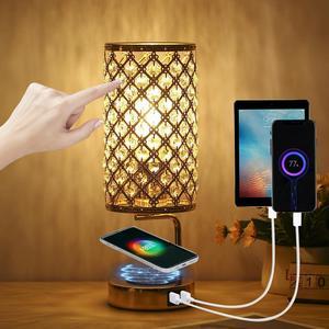 Table Lamps Crystal Bedroom Desk Lamp with Dual USB Port+Wireless Charger K2Q3