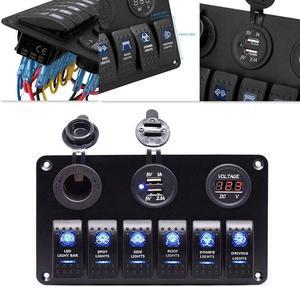 12V Car 6Gang Rocker Button Panel with Digital Voltmeter USB Charger Adapter LED