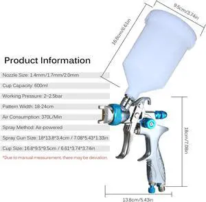 Feed Paint Sprayer with 600ml Cup 1.4mm/1.7mm/2.0mm P6F8