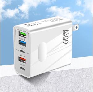 IXJYLCPC 5 Port USB Type C Charger, 65W Fast Wall Charger, PD 3.0 Type C Charging Block Travel GaN Charger Adapter for iPhone Pro, Samsung, MacBook Pro/Air, iPad, Laptops, Dell XPS 13 - White