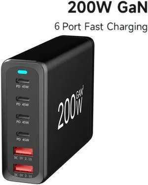 IXJYLCPC 6-Port USB C Charger 200W QC3.0 PD3.0 GaN Charger Type C Adapter with Fast Desk Charger Compatible for iPhone, MacBook Pro, iPad Pro, Switch, Galaxy S22/S21
