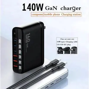 IXJYLCPC 140W GaN USB C Charger Block QC3.0 Fast Charging GaN Charger Mobile Phone Quick Charging Type C Desk for IPhone Xiaomi Samsung - Black