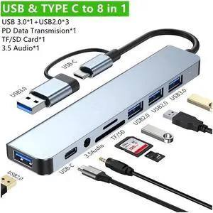 IXJYLCPC 8 in 1 USB A Type C Hub 5Gbps USB C Multiport Adapter with 4 USB-A, 100W Power Delivery, SD/TF Card Reader 3.5mm Audio USB C Hub Compatible with MacBook Pro/Air, and Other USB C Laptops