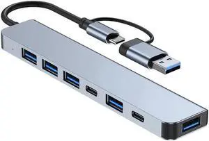 IXJYLCPC USB Hub,USB C hub,USB hub with USB C Multiport Adapter, USB Splitter with 1xUSB 3.0,4xUSB2.0,2 x USB C,USB c hub for MacBook Pro/PC/Laptop/Tablet Devices (Grey 7in1)