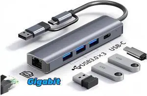 XJYLCPC USB Hub, 5-in-1 USB to Network HUB with 3 USB 3.0 Data Transmission, 1 USB C, Gigabit Ethernet Port USB Aluminum Extension for Laptop, iMac, PC, USB Flash Drives etc