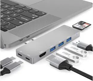 XJYLCPC USB C Hub, 8-in-2 Dual USB C Hub Adapter with 4K HDMI, Thunderbolt 3, 3 USB 3.0, USB-C Data Port, SD and MicroSD Card Reader Type C Hub Compatible with MacBook Air, MacBook Pro 2017/2018