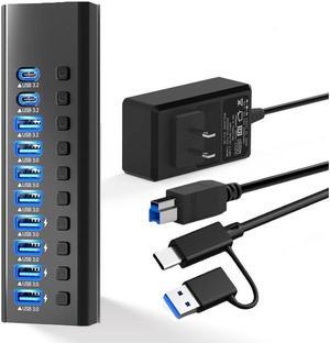 XJYLCPC Powered USB Hub, 10-Port USB 3.0 Hub Splitter (4 USB 3.0 Data Ports + USB-C 3.0 Ports + 1 USB-A 3.2 Ports ) with Individual LED On/Off Switches, USB Hub 3.0 Powered with 48W AC Adapter