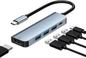 XJYLCPC 5 in 1 USB C Hub with HDMI 4K30hz, Portable USBC Hub Multiport Adapter, 3*USB3.0, 100W Power Delivery for MacOS & Windows, Compact Size