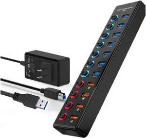 XJYLCPC Powered USB Hub, 11-Port USB 3.0 Hub Splitter (7 USB 3.0 Data Ports + 4 Smart Charging Ports ) with Individual LED On/Off Switches, USB Hub 3.0 Powered with 24W AC Adapter for Mac, PC