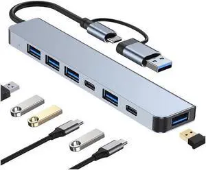 XJYLCPC Aluminum 7 in 1 USB Hub USB C Hub with USB 3.0, Multiport USB Splitter Expand with 5 USB Port 2 USBC Ports for MacBook Pro Air, for iPad Pro Laptop, Phones and More Devices