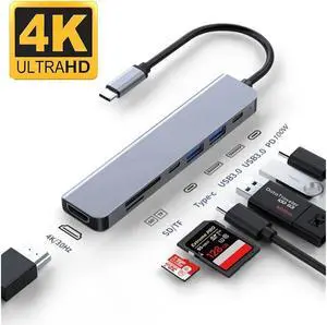 XJYLCPC USB C Type-C Hub/Adapter, 7 in 1 with 4K HDMI Output, 2*USB 3.0, SD/TF Card Reader, 100W PD, USB C Data Port, USB C Docking Station for MacBook Pro/Air and More Type C Devices