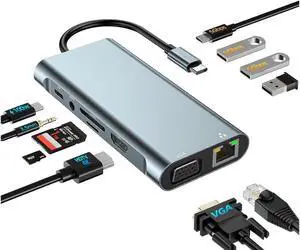 XJYLCPC USB C Docking Station with 4K HDMI, VGA, 1000M RJ45, USB-C, 3*USB 3.0 Ports, 100W USB-C PD, 3.5mm Aux Ports, USB C Hub Compatible with MacBook Pro, iPhone 15, iPad Air, XPS, and More